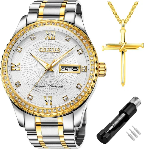 Vista 47 de OLEVS - Relojes de diamantes para hombres, relojes de vestir a prueba de agua, relojes analógicos de cuarzo de lujo con calendario de fecha y correa
