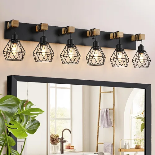 Vista 14 de Lámparas blancas para tocador de baño, luminarias de baño de madera de 2 luces sobre el espejo, apliques rústicos de pared con elegante pantalla