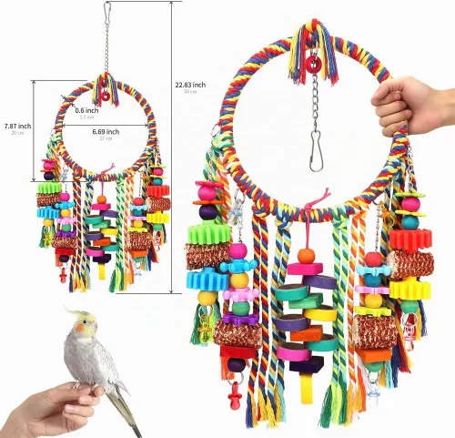 Vista 5 de Juguetes para pájaros, anillo de cuerda para pájaros, perca oscilante con mazorca de maíz, bollos de cartón, bloques de madera, juguetes