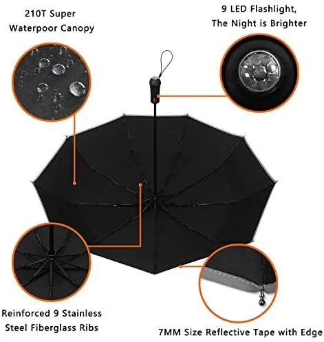Vista 6 de LEAGERA Windproof Compact Umbrellas for Rain with LED Light Flashlight Umbrella, Oversized Travel Folding Umbrella Reflective Stripes Automatic