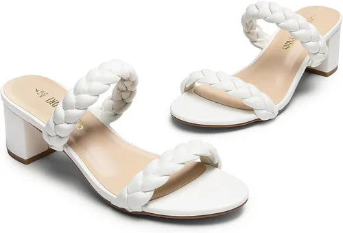 Vista 3 de DREAM PAIRS Zapatos de tacón bajo con dos correas trenzadas para mujer, puntera abierta, tacón grueso, sandalias de tacón grueso, para fiestas