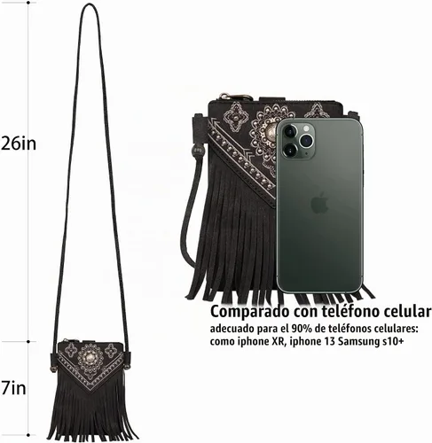 Vista 5 de Montana West Bolsos pequeños cruzados para mujeres estilo occidental con monedero para teléfono celular Aa-negro.