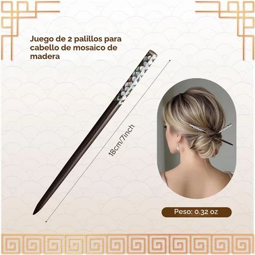 Vista 2 de Palillos de madera para el cabello, cabeza de incrustación superior con nácar a mano, palillos decorativos únicos de madera, palillos de pelo