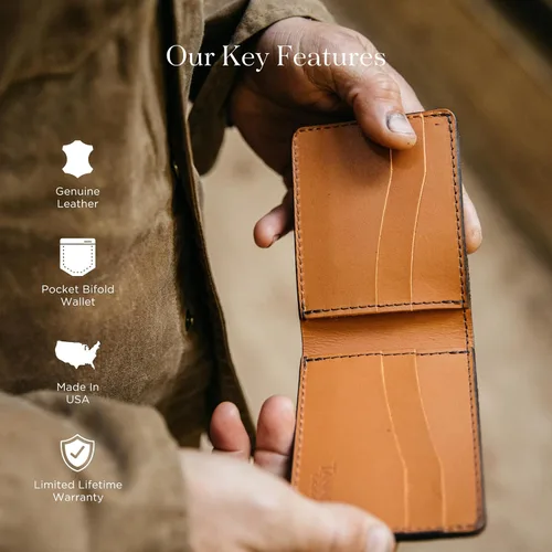Vista 3 de TANNER GOODS Billetera de cuero para hombre, estilo tradicional, con 4 ranuras para tarjetas, sección de notas planas. Billetera de bolsillo