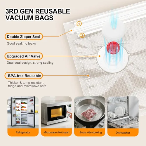 Vista 4 de Máquina Selladora al Vacío Compacta para Almacenamiento de Alimentos, Selladora al Vacío Rápida de 5S Potente con 30 Bolsas al Vacío Reutilizables
