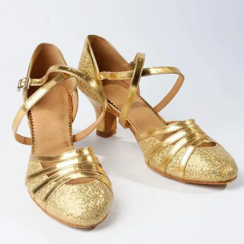Vista 5 de Hbeylia Vintage Dress Pump Sandals Shoes for Women Ladies Glitter Sequin Round Toe Chunky Mid Heels Cross Ankle Strap Dressy Ballet Flats Retro