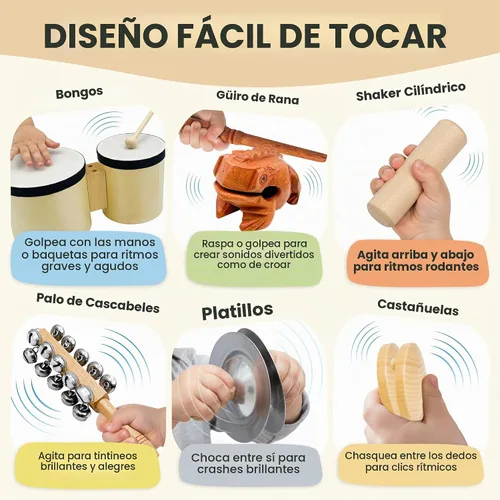 Vista 3 de Juego de batería e instrumentos musicales para niños a partir de 3 años con tambor Bongo Montessori - Juego de instrumentos de percusión de madera