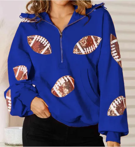 Vista 27 de SeekMe Sudaderas con capucha de lentejuelas para mujer, para el día del partido, suéteres de manga larga con cremallera y bolsillo