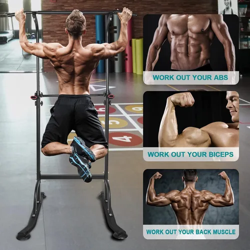 Vista 4 de Power Tower - Estación de inmersión de entrenamiento con barra de dominadas, altura ajustable, soporte de inmersión multifunción para gimnasio