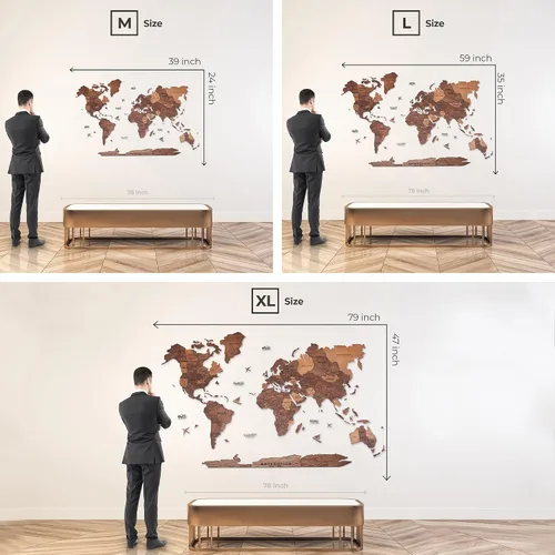 Vista 4 de AWESOMETIK Mapa del mundo de madera 3D de roble, mapa del mundo 3D, fácil instalación con cinta de doble cara, incluye complementos, madera