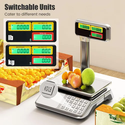 Vista 5 de S AFSTAR Báscula de cálculo de precios con pantalla de poste, báscula comercial de alimentos de 88 lb con plataforma de acero inoxidable, batería