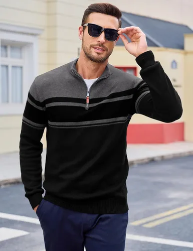 Vista 52 de MAGCOMSEN Suéteres de algodón con cremallera de 1/4 para hombre, suéter tipo polo, a rayas, para otoño e invierno, sudaderas cálidas