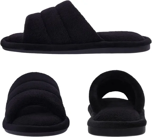 Vista 3 de shevalues Pantuflas de tela de rizo con punta abierta para mujer, pantuflas de espuma viscoelástica