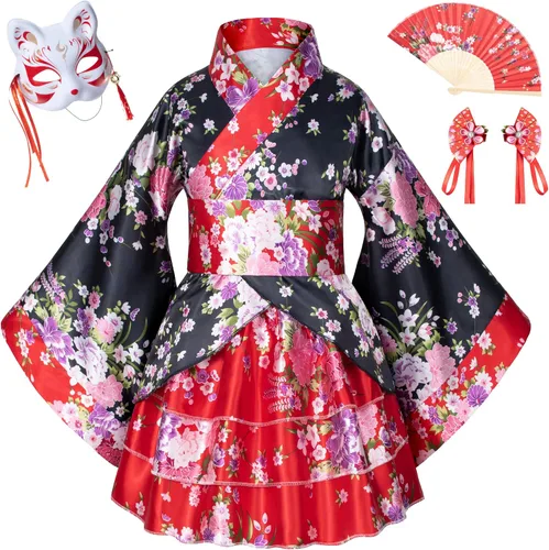 Vista 2 de Elibelle Vestido tradicional japonés kimono bata para niños niñas disfraz de seda plegable abanicos de pelo palo de pelo máscara de zorro conjunto