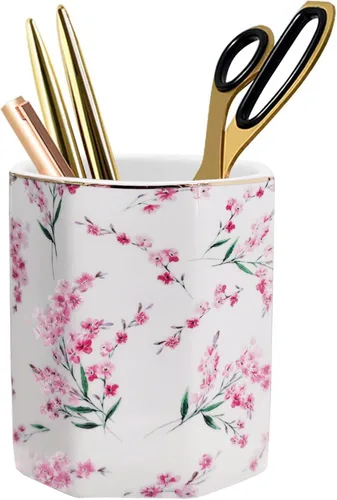 Vista 3 de Soporte para bolígrafo para escritorio, con patrón floral, taza de lápices para niñas, niños, organizador de escritorio de cerámica duradero, Rosa