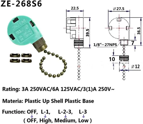 Vista 2 de Interruptor de ventilador de techo ZE-268S6 de 3 velocidades de 4 alambres de bronce Zing Ear para ventiladores de techo lámparas y luces de pared