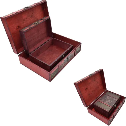 Vista 4 de JFFCESTORE Caja decorativa del tesoro de madera caja de almacenamiento grande de escritorio organizador de almacenamiento de joyas con cerradura