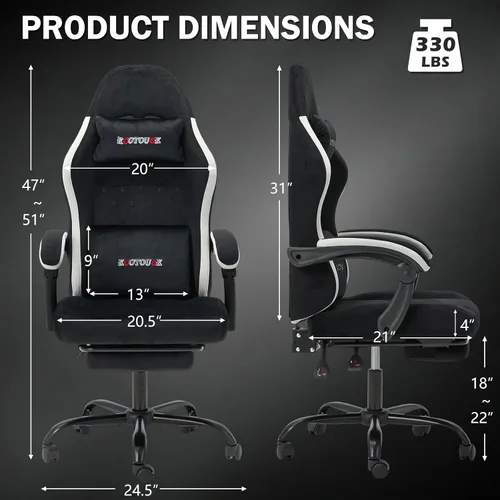 Vista 3 de ECOTOUGE Silla de tela para videojuegos, silla de videojuegos con reposapiés y soporte lumbar, altura ajustable, silla de oficina para el hogar
