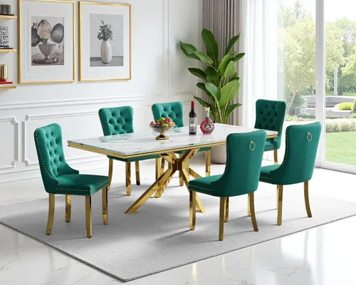 Vista 14 de Juego de mesa de comedor de mármol para 6, mesa de cocina rectangular de mármol blanco de 68 pulgadas con patas en X de acero inoxidable dorado