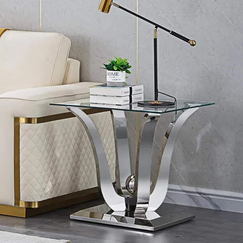 Vista 16 de SSLine Mesa de centro moderna de 1 pieza para sala de estar, mesa de centro de vidrio templado de lujo con base de acero inoxidable en forma de flor