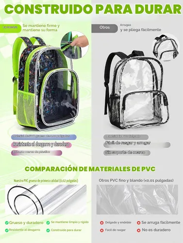 Vista 4 de BLUEFAIRY Mochila transparente para estadio escolar, mochila transparente de PVC resistente, grande, bolsa transparente, Verde, Moderno