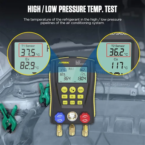 Vista 4 de Medidor de colector digital de refrigeración, kit de probador de temperatura de presión de vacío HVAC con clip de prueba y tubería para probar