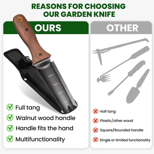 Vista 6 de PERWIN Hori Hori - Cuchillo de jardín, herramientas de jardín con funda, hoja de acero inoxidable de 6 pulgadas con borde de corte, mango ergonómico