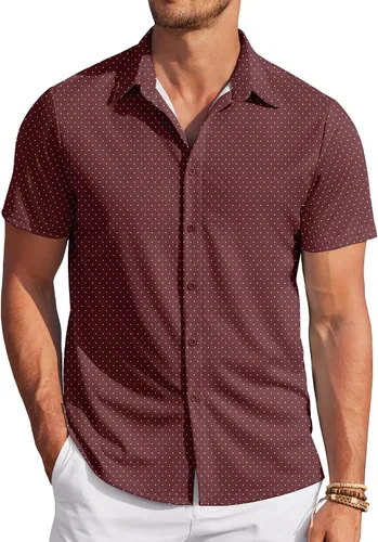 Vista 23 de COOFANDY - Camisas sin arrugas para hombre, casual, manga corta, con botones, de verano, elástica, de vestir