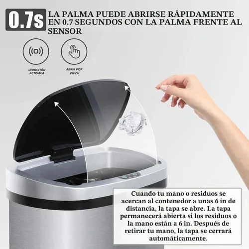 Vista 3 de Bote de basura de 13 galones con tapa, botes de basura automáticos para cocina, 50 L, con sensor de movimiento, cubo de basura de acero inoxidable