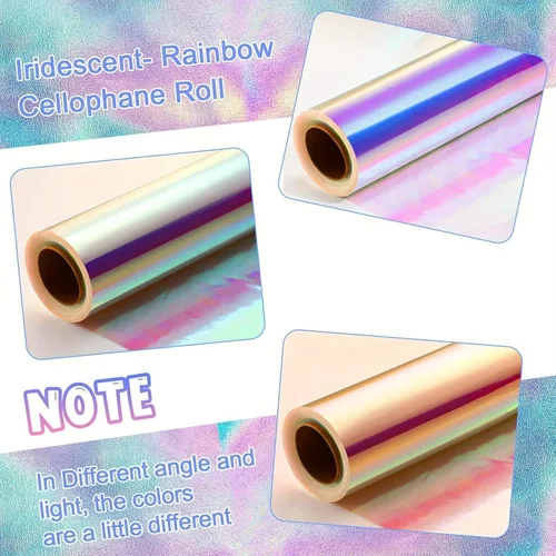 Vista 6 de GcFoir Papel de regalo transparente para arco iris de flores, rollo de celofán iridiscente de 34 pulgadas x 100 pies, rollo de celofán iridiscente