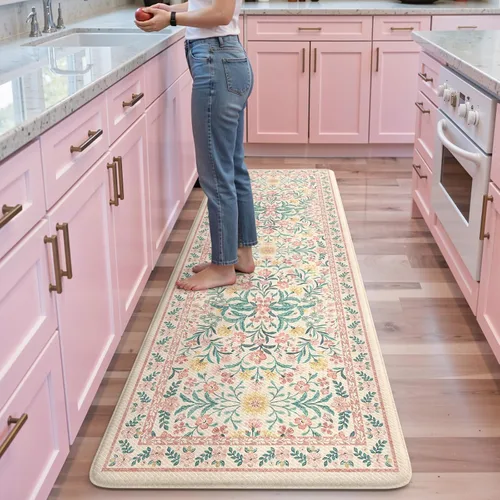 Vista 21 de Collive Tapete Anti Fatiga para Piso de Cocina, Tapetes de Cocina con Diseño Floral Primaveral para Piso Juego de 2, Alfombras para Fregadero Beige