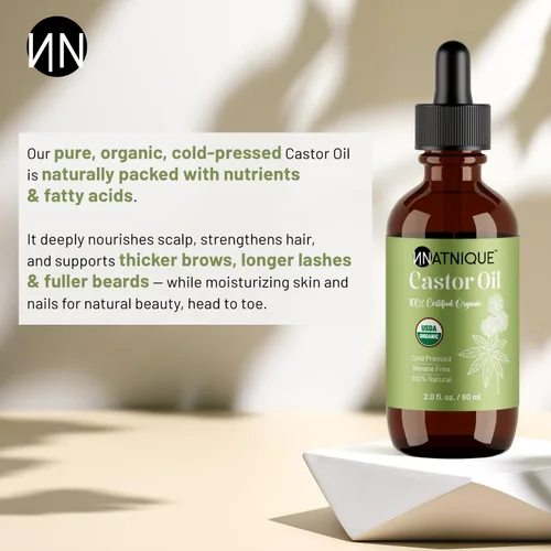 Vista 3 de Natnique Aceite de ricino orgánico certificado por USDA, aceite 100% puro prensado en frío sin refinar para el crecimiento del cabello, pestañas