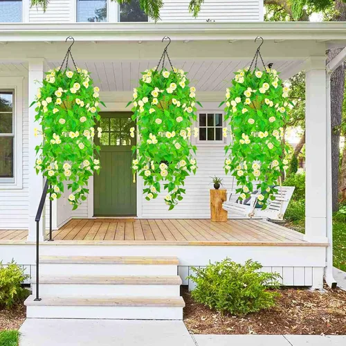 Vista 5 de Plantas colgantes artificiales para decoración de primavera y verano, resistente a los rayos UV, tela de plástico sintética resistente a los rayos