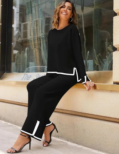 Vista 7 de Faleave Conjunto de 2 piezas de punto para mujer, suéter de manga larga, sin botones, pantalones de pierna ancha, conjunto de ropa deportiva
