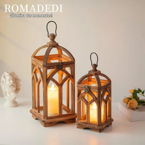 Vista 2 de Romadedi Farol de vela de madera de granja, juego de 2 candelabros decorativos de madera rústica, decoración del hogar, mesa de boda, centro