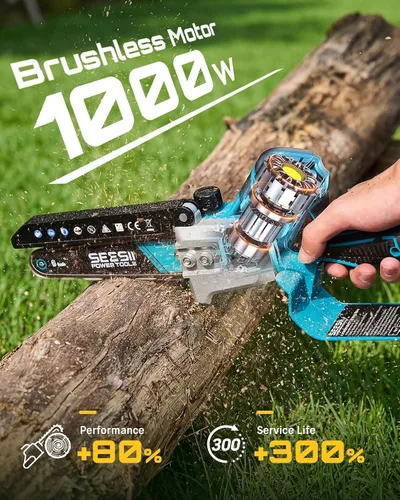 Vista 3 de SEESII Mini motosierra sin escobillas de 6 pulgadas, sierra de mano con 2 baterías de 2000 mAh, motosierra inalámbrica con engrasador automático