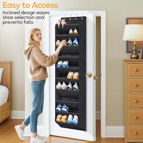 Vista 8 de KIMBORA Organizador de zapatos para colgar sobre la puerta, 12 bolsillos grandes de malla, color blanco y 10 niveles para almacenamiento de puerta