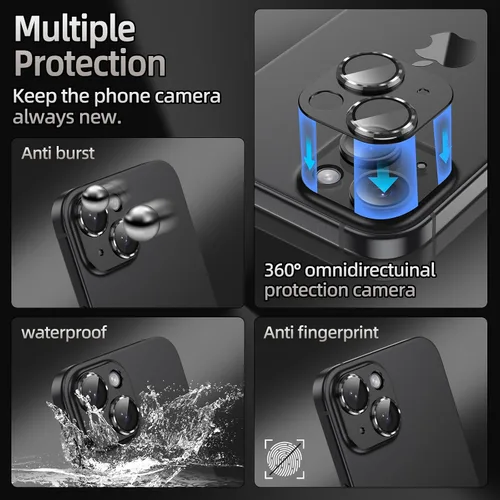 Vista 5 de Korecase Protector de lente de cámara para iPhone 15/iPhone 15 Plus, protección contra caídas, resistente a los arañazos, cubierta de cámara de Negro