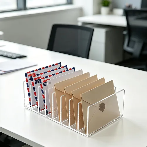 Vista 3 de Soporte de correo acrílico transparente con 8 compartimentos – Clasificador vertical de letras y organizador de escritorio multifunción