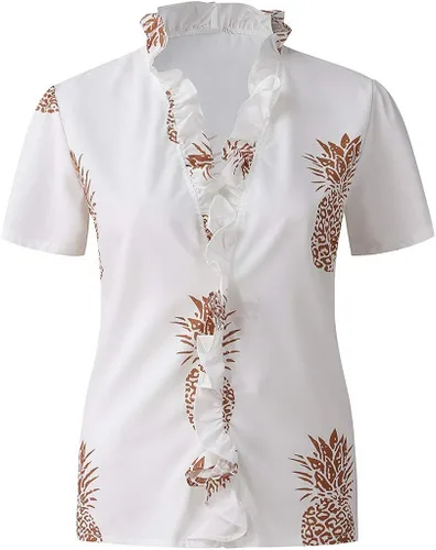Vista 6 de Casual T-Shirt Short V-Neck Top Summer Women's Sleeve Solid Print Dressy Ruffle Women's Blouse Women Shirts