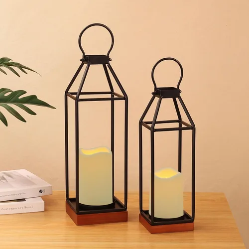 Vista 3 de Perfnique Linternas de metal con madera de pino, juego de 2 linternas de estilo casa de campo decorativas con vela sin llama impermeable