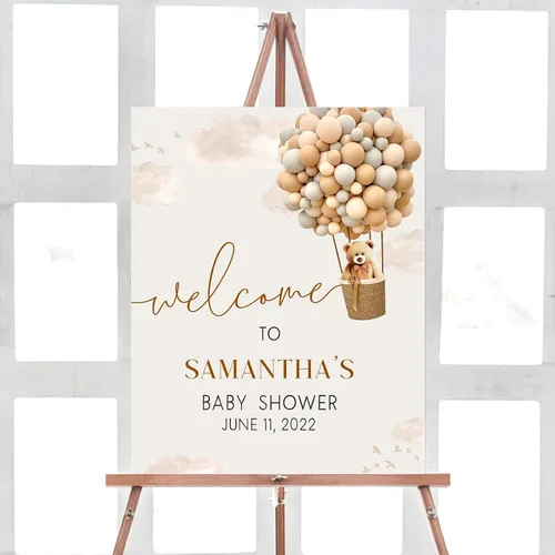 Vista 16 de Globo de aire caliente azul Boho Bear Can Bearly Wait Welcome Sign Decoración, descarga instantánea, letrero de plástico