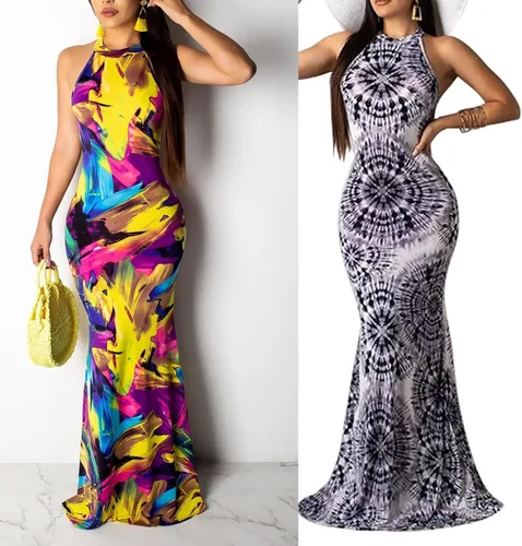Vista 6 de Vestido largo para mujer, sin mangas, con cuello halter y abertura en la espalda, estampado floral y vintage, para fiestas, la playa y para la noche.