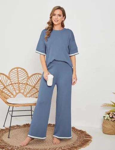 Vista 3 de Tanming - Conjuntos de suéter para mujer, 2 piezas, conjuntos de lounge, tops de punto de manga corta, pantalones de pierna ancha