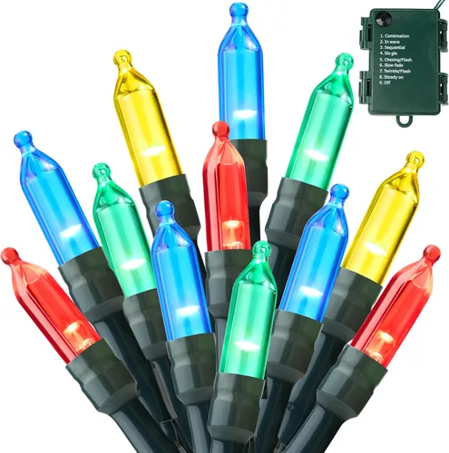Vista 15 de Joiedomi Guirnalda de luces LED de Navidad, 2 x 50 unidades, 31.4 pies, funciona con pilas, con 8 modos, cable verde multifunción para decoración