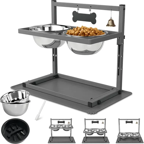 Vista 20 de Soporte elevado para perros medianos y grandes con comedero lento y tapete, altura ajustable de 3.9, 5.5, 7.1, 8.7, 10.2, 11.8 pulgadas, comederos
