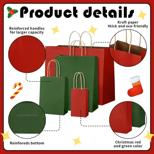 Vista 4 de Tenceur 100 bolsas de regalo de Navidad rojas y verdes, bolsas de papel kraft con asas, regalo de vacaciones para boda, baby shower, despedida