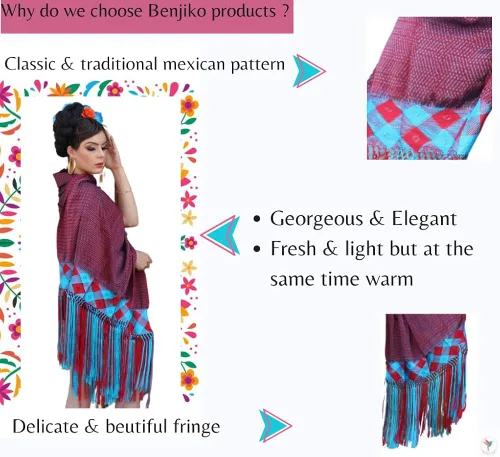 Vista 6 de Chal mexicano Benjko, rebozo reboso para eventos mexicanos, Multicolor