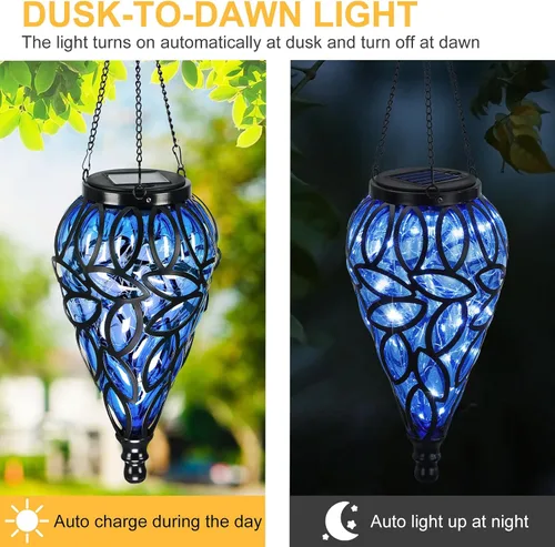 Vista 4 de Farol colgante solar para exteriores, 15 luces LED en forma de lágrima, luces colgantes blancas frías con ganchos en S decoración en jardín, patio