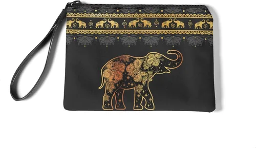 Vista 4 de Monedero para mujer con cremallera lindo monedero mini bolsa bolsa suave bolso de mano, Boho Elefante y Flores - Oro